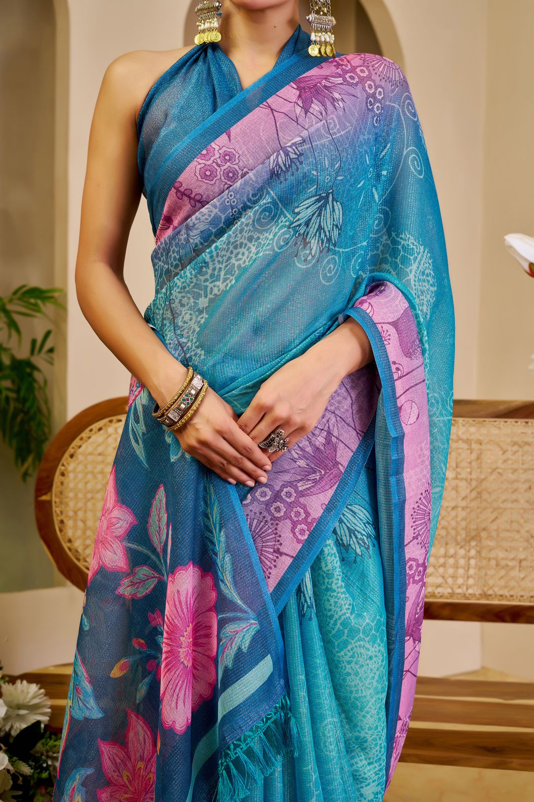 Blue Tissue Cotton Saree With Floral Print | Varnavi