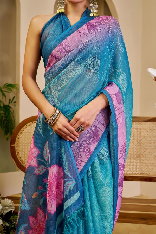 Blue Tissue Cotton Saree With Floral Print | Varnavi