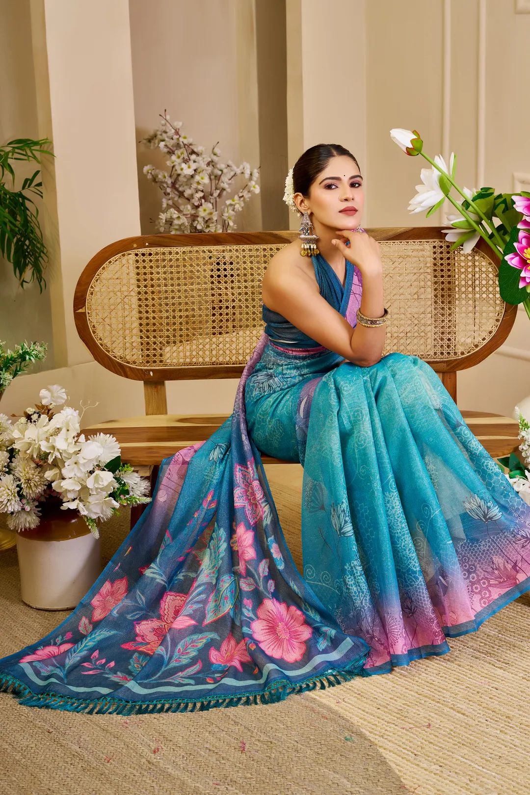 Blue Tissue Cotton Saree With Floral Print | Varnavi
