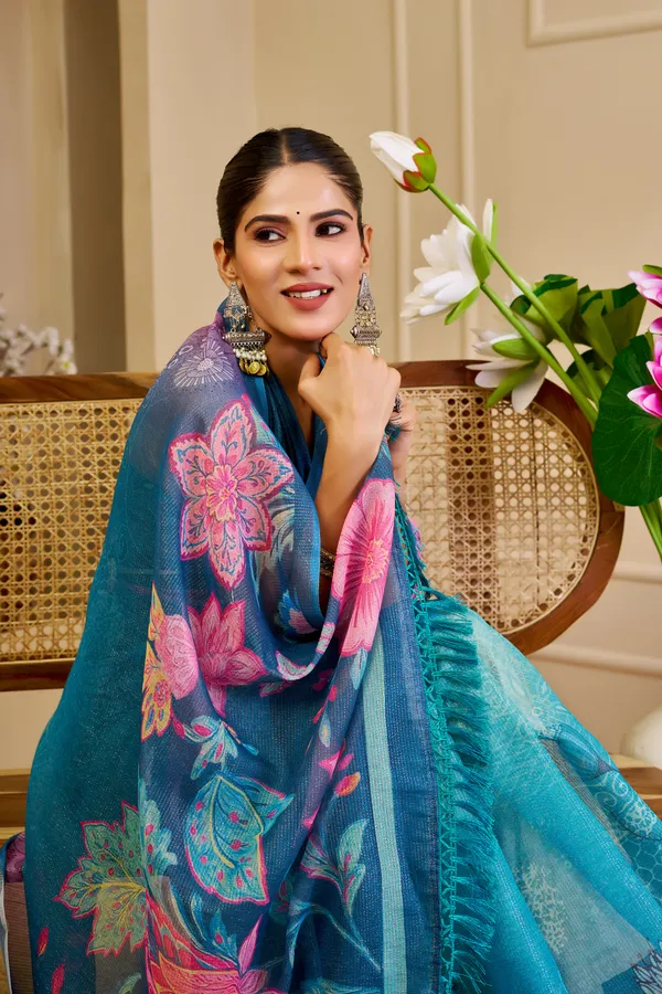 Blue Tissue Cotton Saree With Floral Print | Varnavi