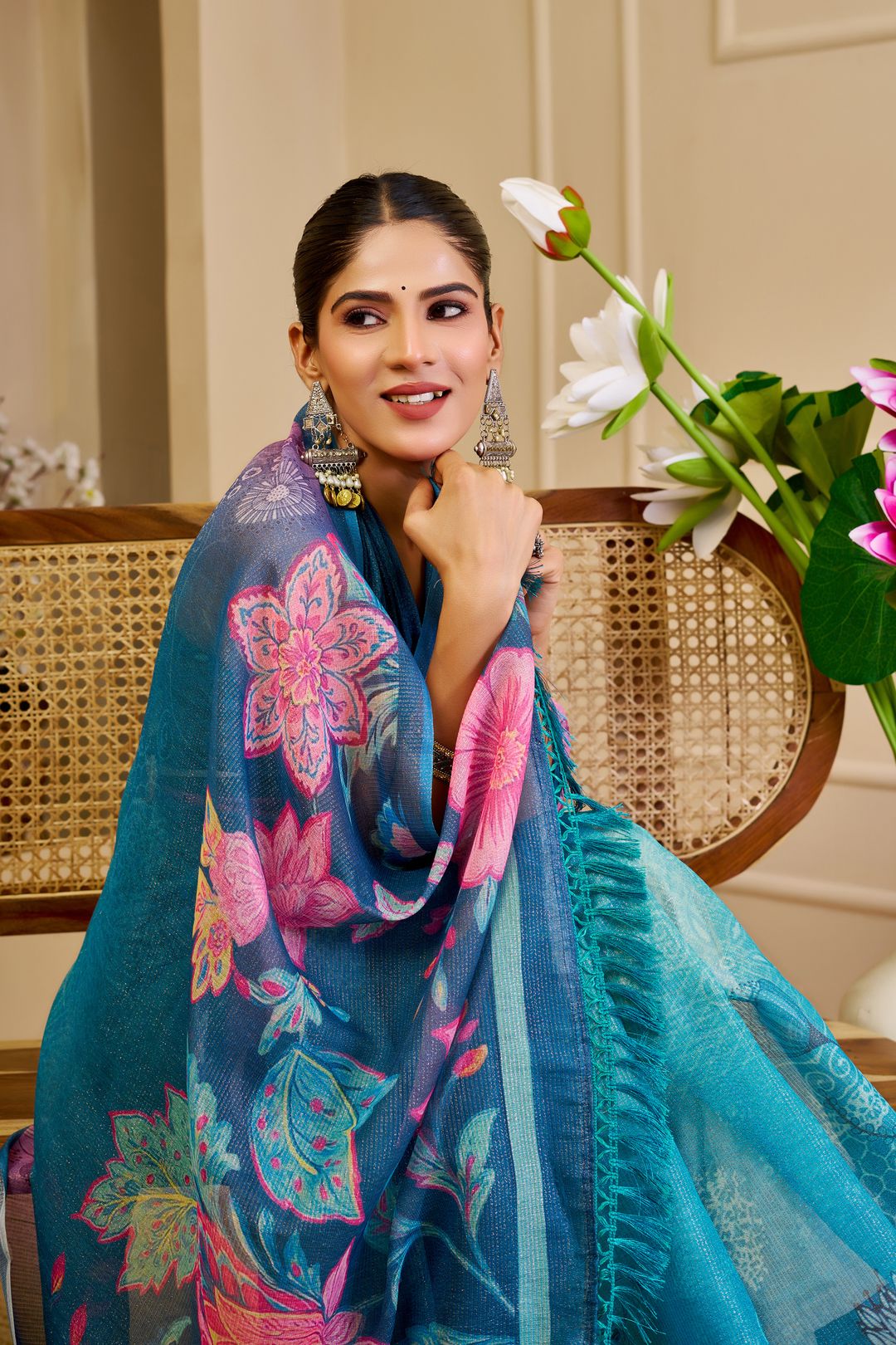 Blue Tissue Cotton Saree With Floral Print | Varnavi