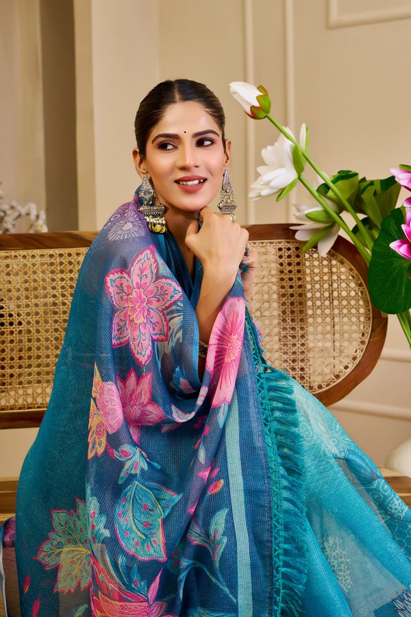Blue Tissue Cotton Saree With Floral Print | Varnavi