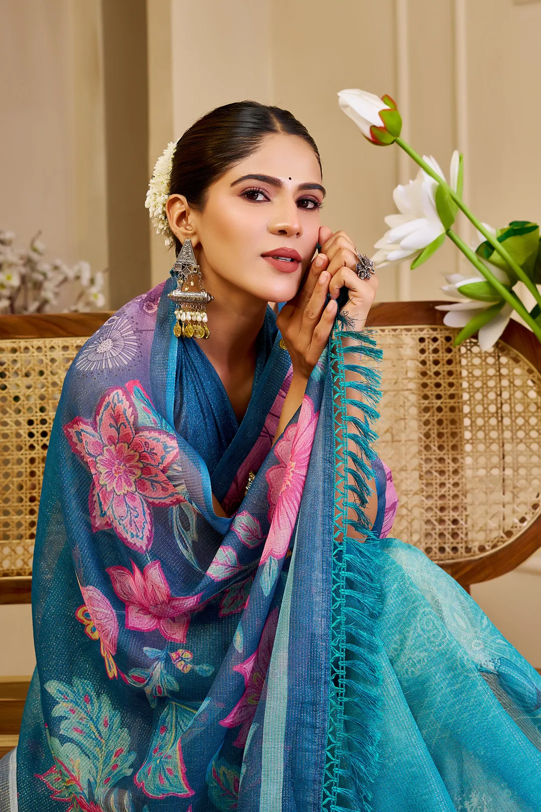 Blue Tissue Cotton Saree With Floral Print | Varnavi