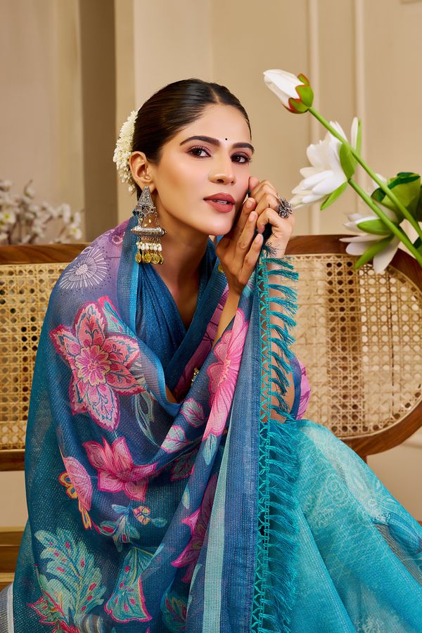 Blue Tissue Cotton Saree With Floral Print | Varnavi