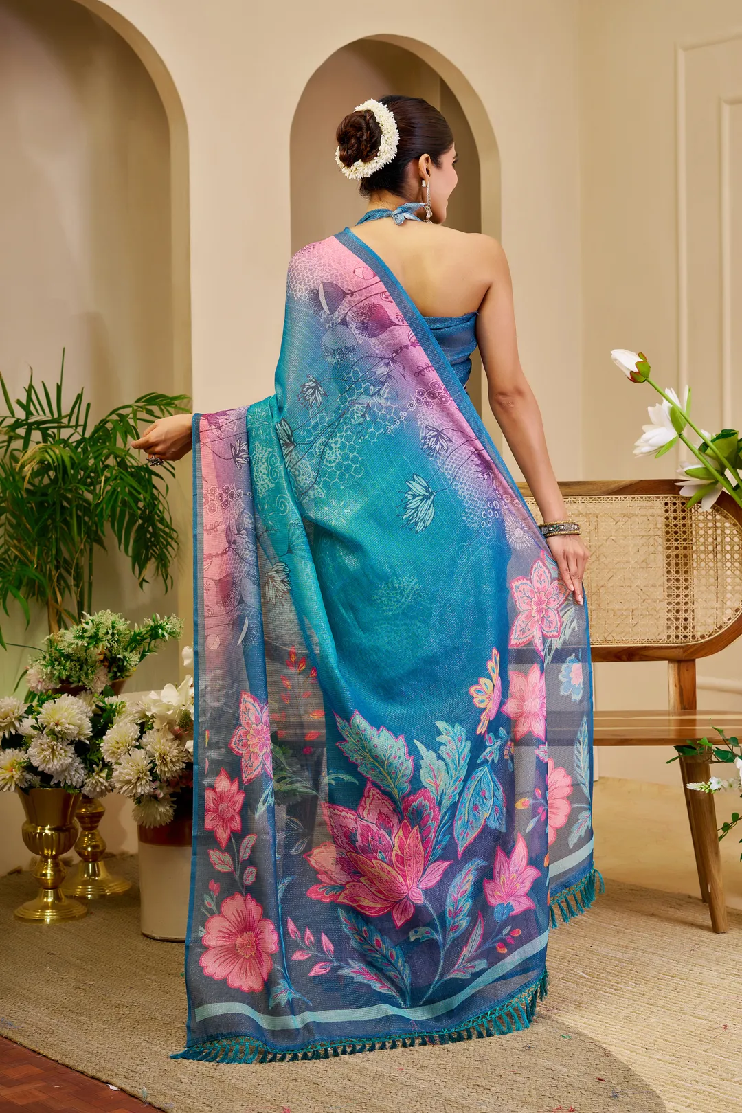Blue Tissue Cotton Saree With Floral Print | Varnavi