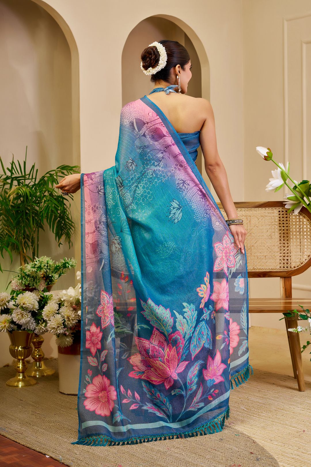 Blue Tissue Cotton Saree With Floral Print | Varnavi