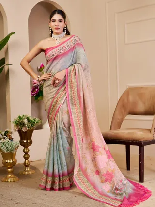 Cream Tissue Cotton Saree With Floral Print | Varnavi's