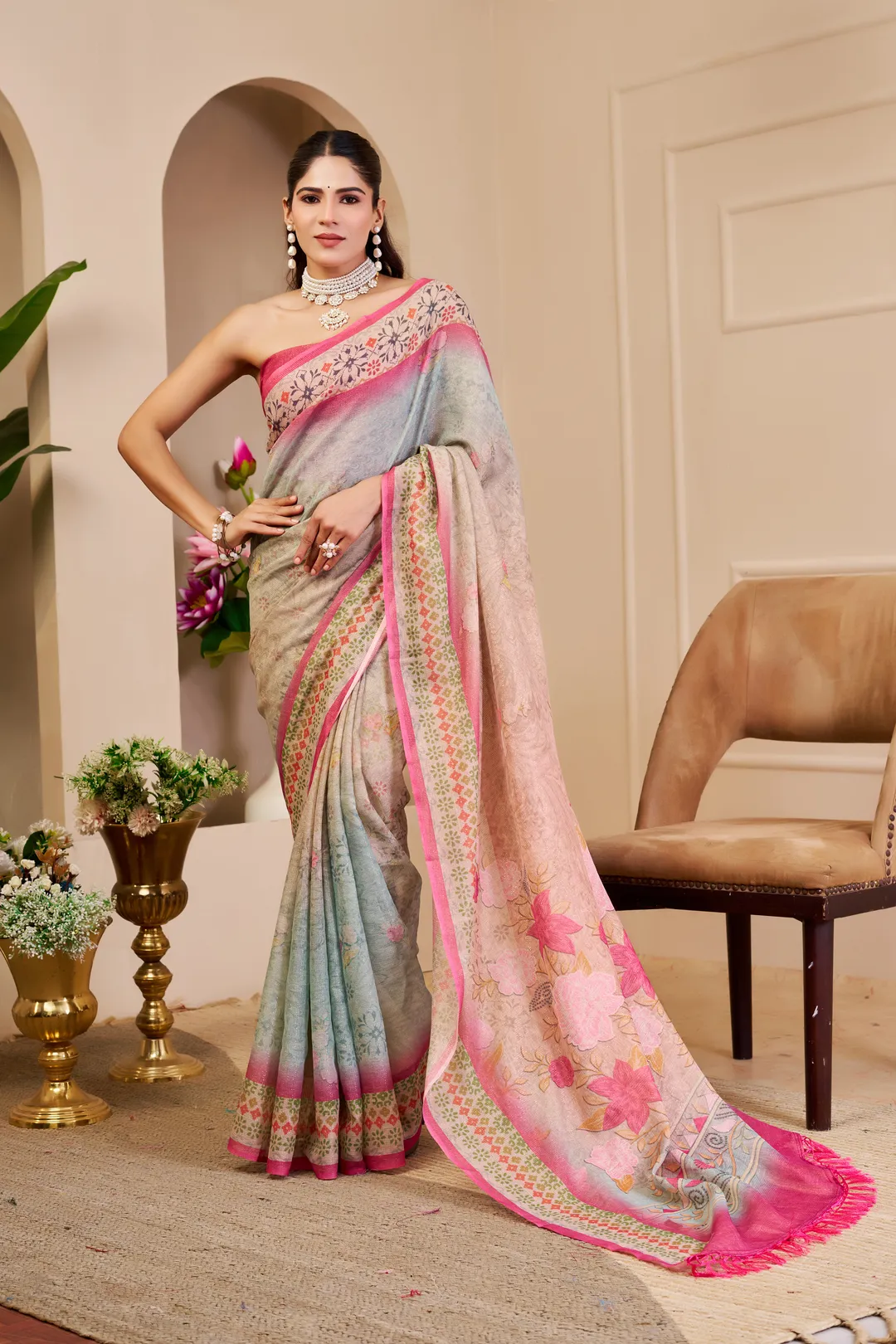 Cream Tissue Cotton Saree With Floral Print | Varnavi's