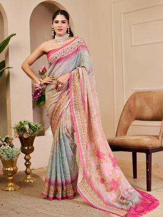 Cream Tissue Cotton Saree With Floral Print | Varnavi's