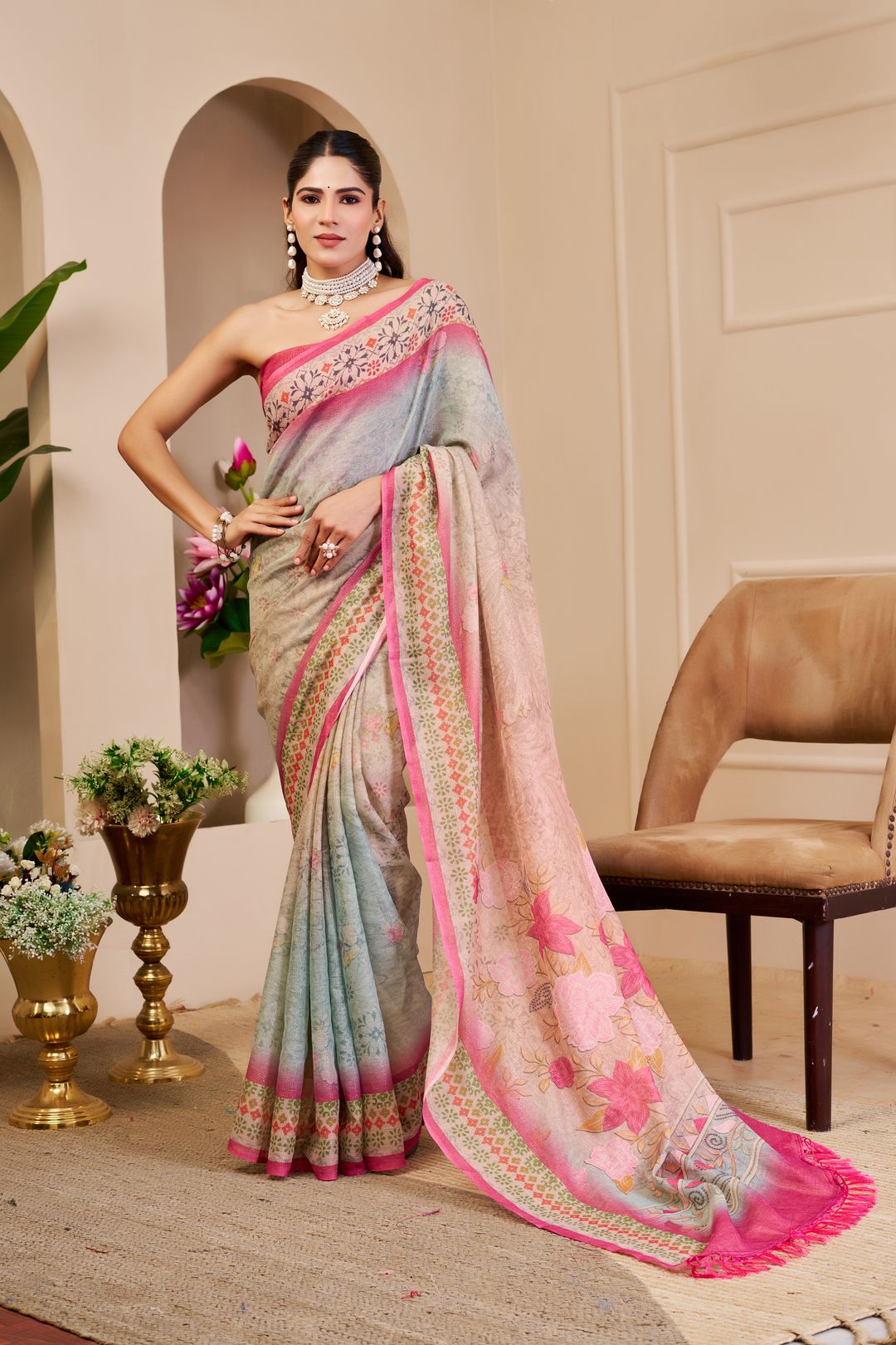 Cream Tissue Cotton Saree With Floral Print | Varnavi's