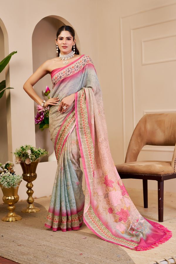 Cream Tissue Cotton Saree With Floral Print | Varnavi's