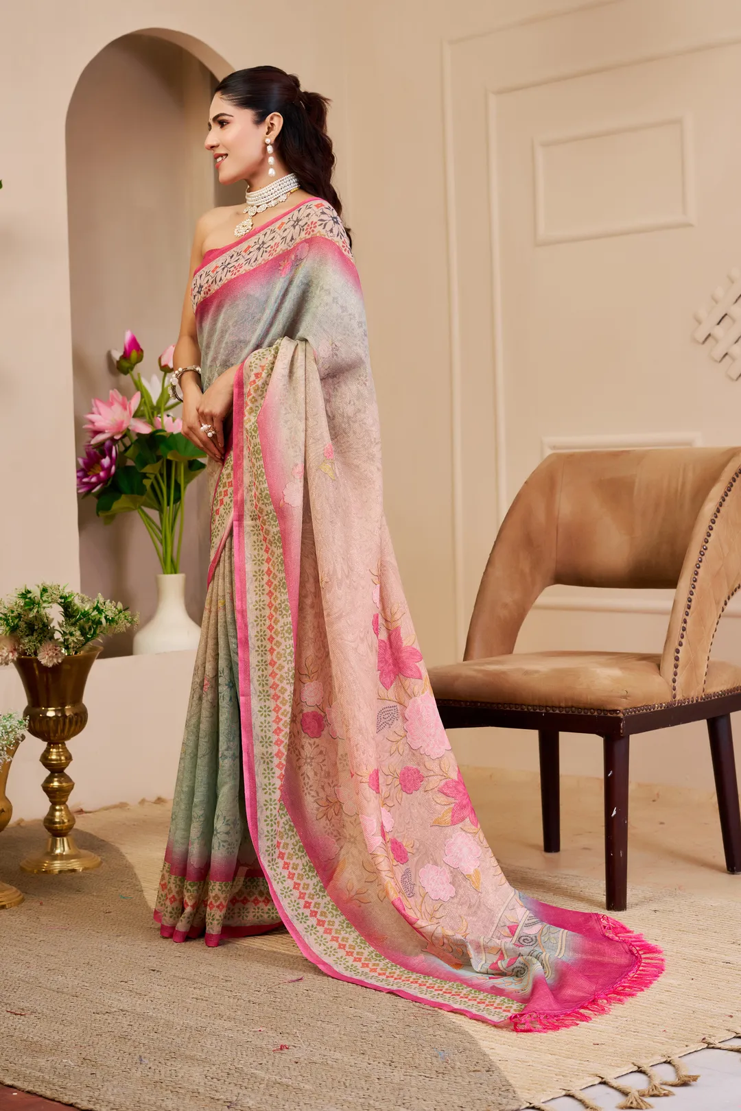 Cream Tissue Cotton Saree With Floral Print | Varnavi's