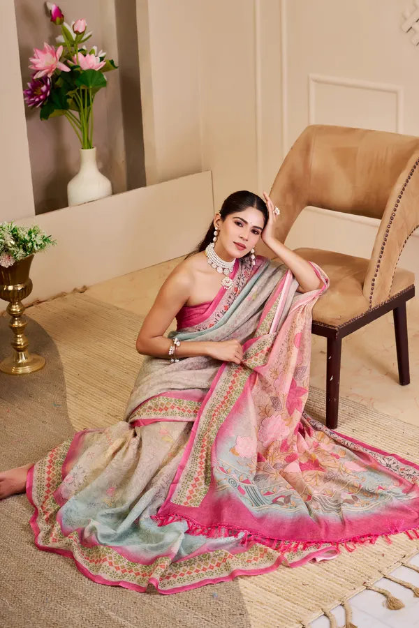 Cream Tissue Cotton Saree With Floral Print | Varnavi's