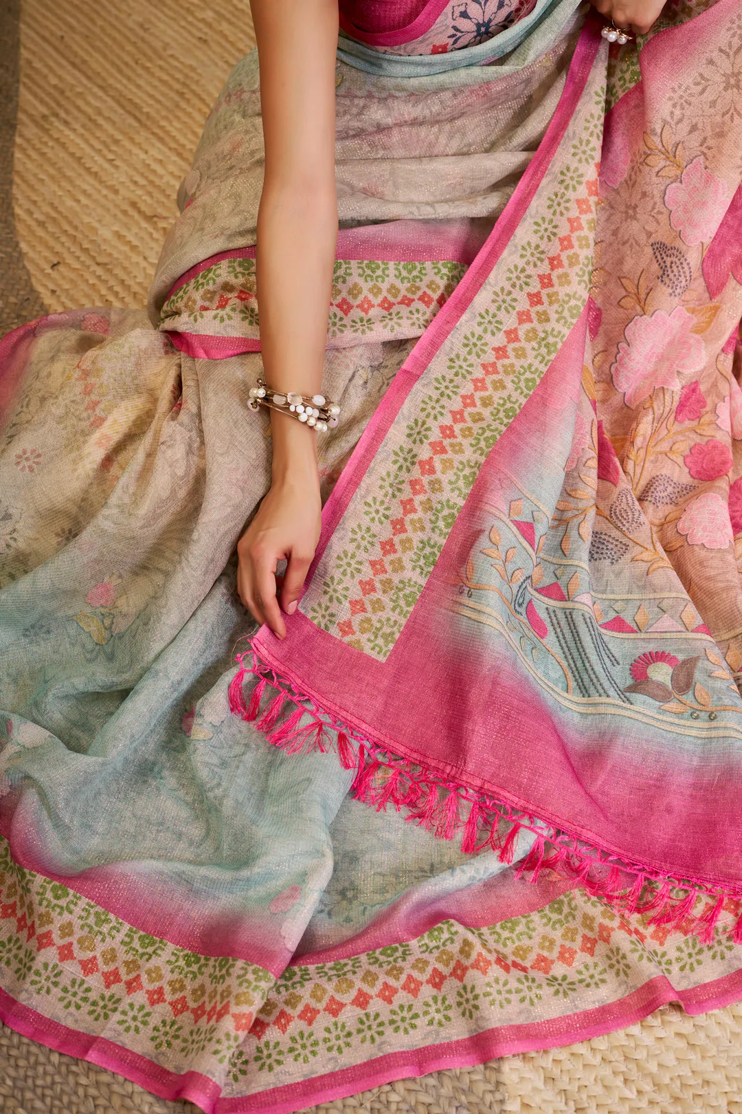 Cream Tissue Cotton Saree With Floral Print | Varnavi's