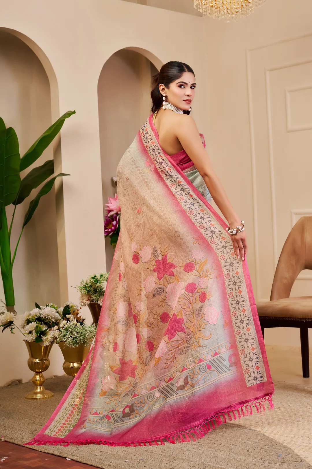 Cream Tissue Cotton Saree With Floral Print | Varnavi's