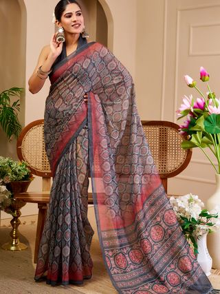 Grey Tissue Handloom Saree With Floral Design - Varnavi