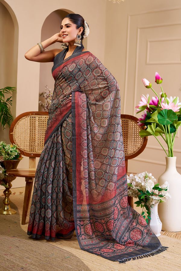 Grey Tissue Handloom Saree With Floral Design - Varnavi