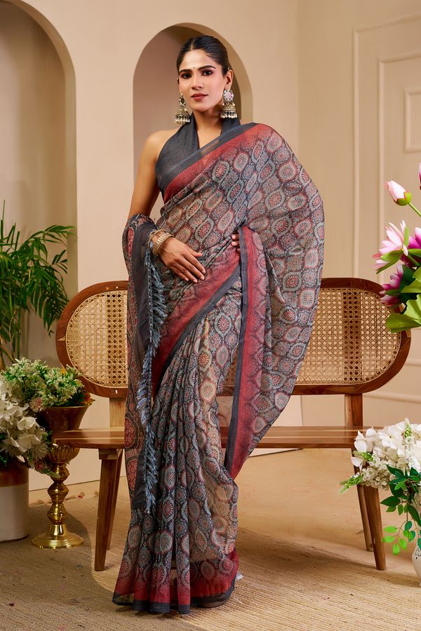 Grey Tissue Handloom Saree With Floral Design - Varnavi