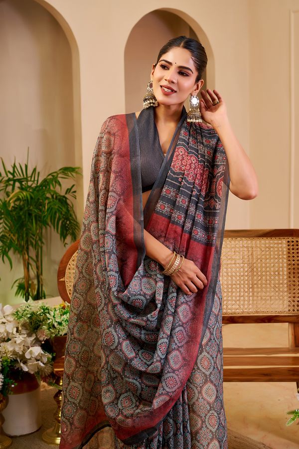 Grey Tissue Handloom Saree With Floral Design - Varnavi