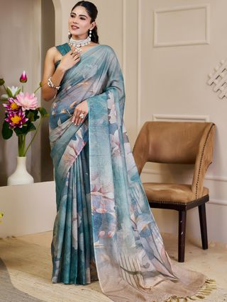Teal Tissue Cotton Saree With Floral Print - Varnavi