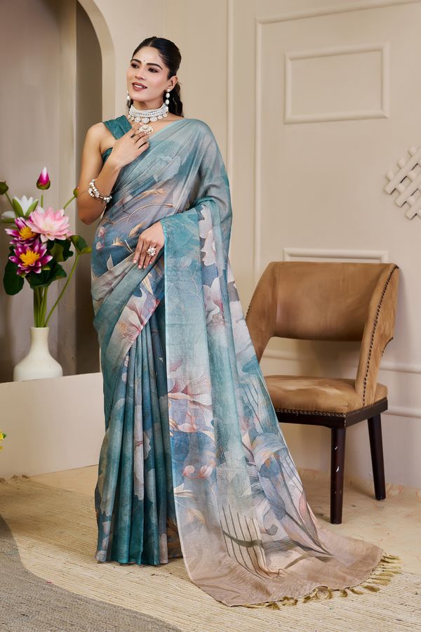 Teal Tissue Cotton Saree With Floral Print - Varnavi