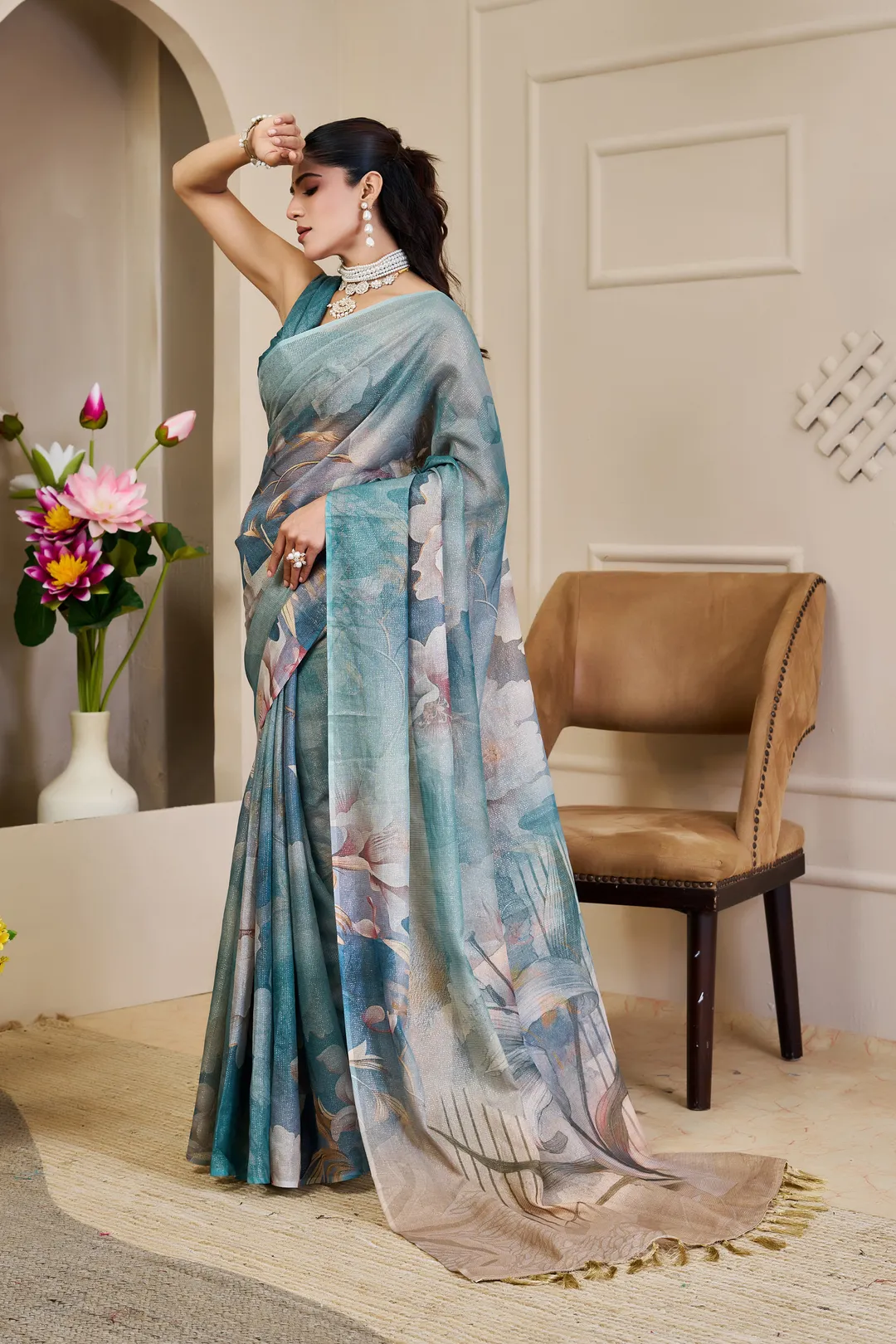 Teal Tissue Cotton Saree With Floral Print - Varnavi