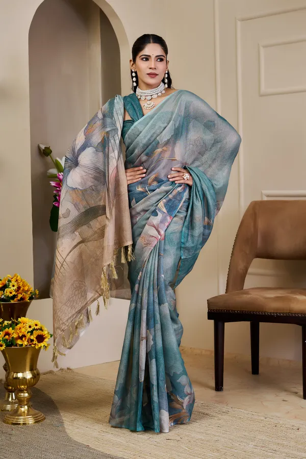 Teal Tissue Cotton Saree With Floral Print - Varnavi
