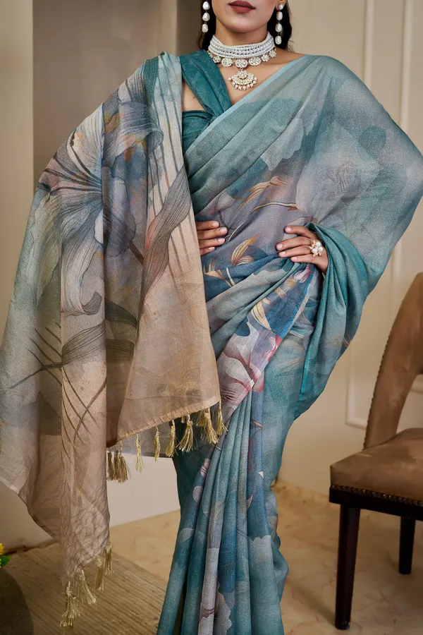Teal Tissue Cotton Saree With Floral Print - Varnavi