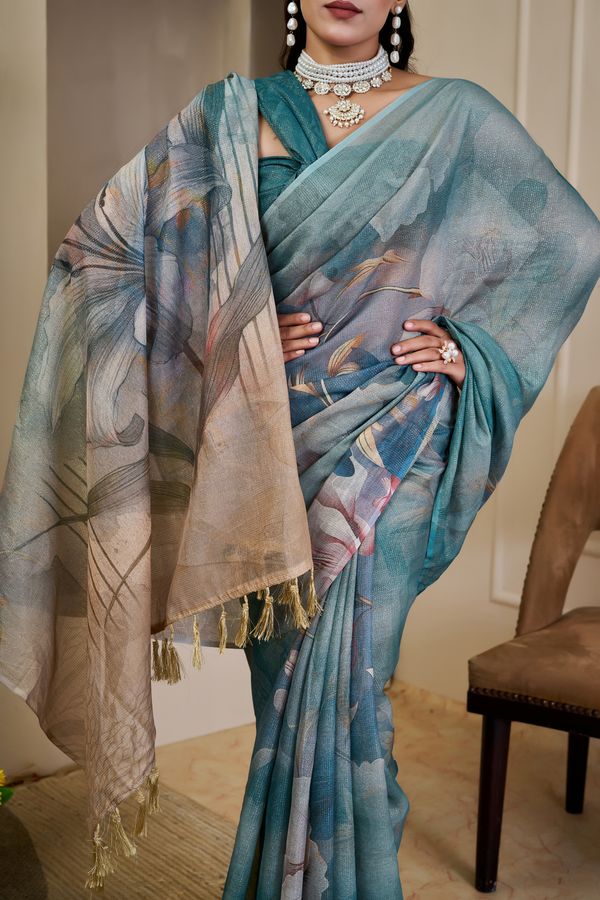 Teal Tissue Cotton Saree With Floral Print - Varnavi