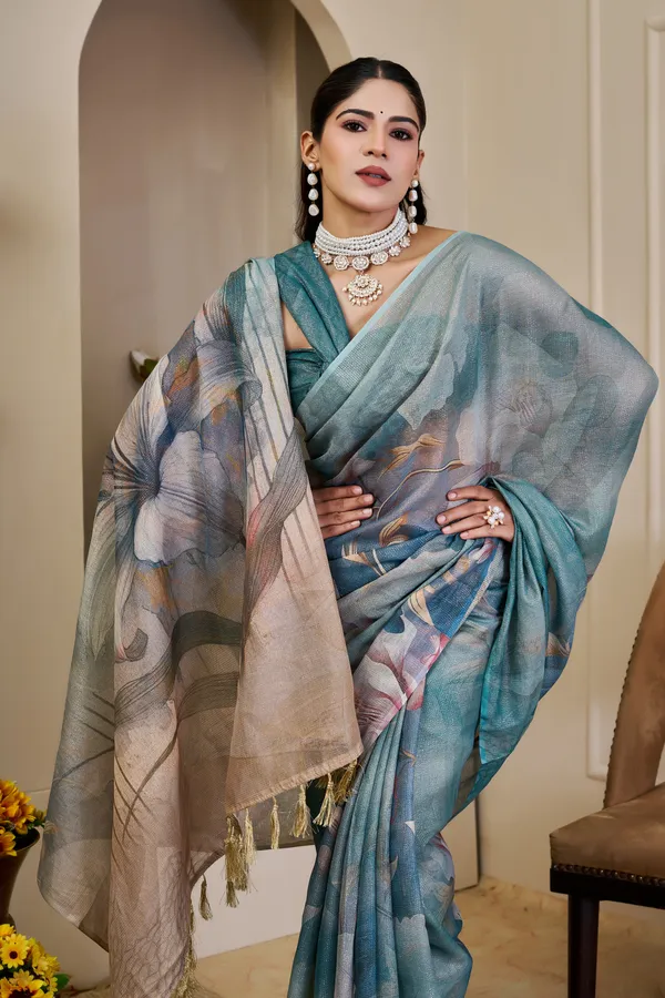 Teal Tissue Cotton Saree With Floral Print - Varnavi