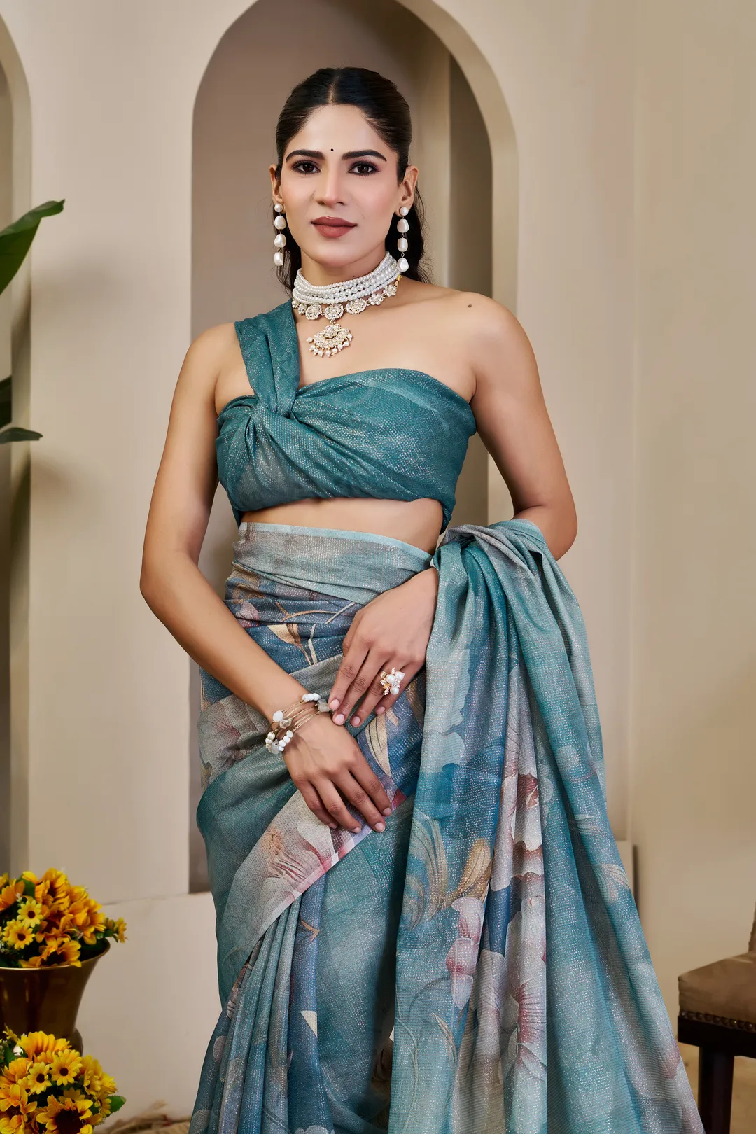 Teal Tissue Cotton Saree With Floral Print - Varnavi
