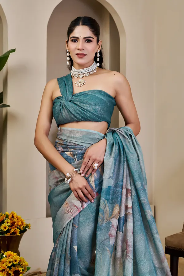 Teal Tissue Cotton Saree With Floral Print - Varnavi