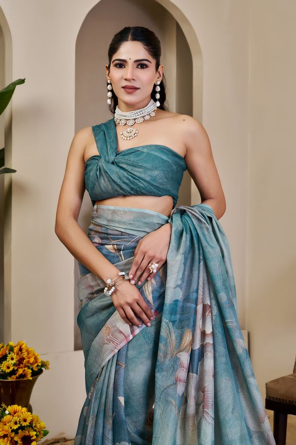 Teal Tissue Cotton Saree With Floral Print - Varnavi