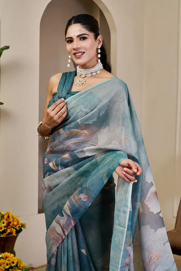 Teal Tissue Cotton Saree With Floral Print - Varnavi