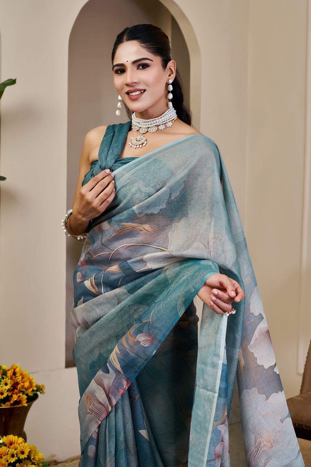 Teal Tissue Cotton Saree With Floral Print - Varnavi