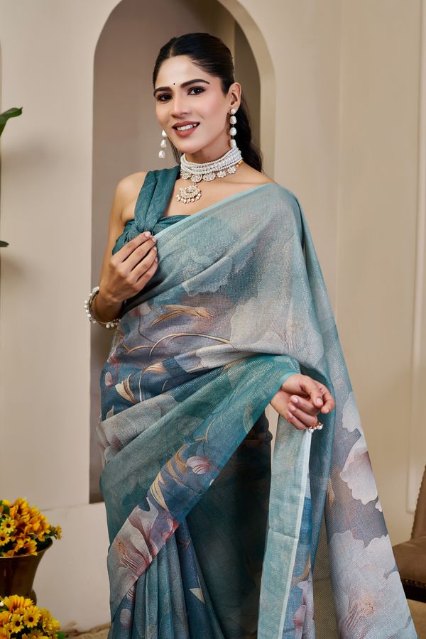 Teal Tissue Cotton Saree With Floral Print - Varnavi
