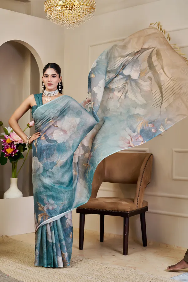 Teal Tissue Cotton Saree With Floral Print - Varnavi