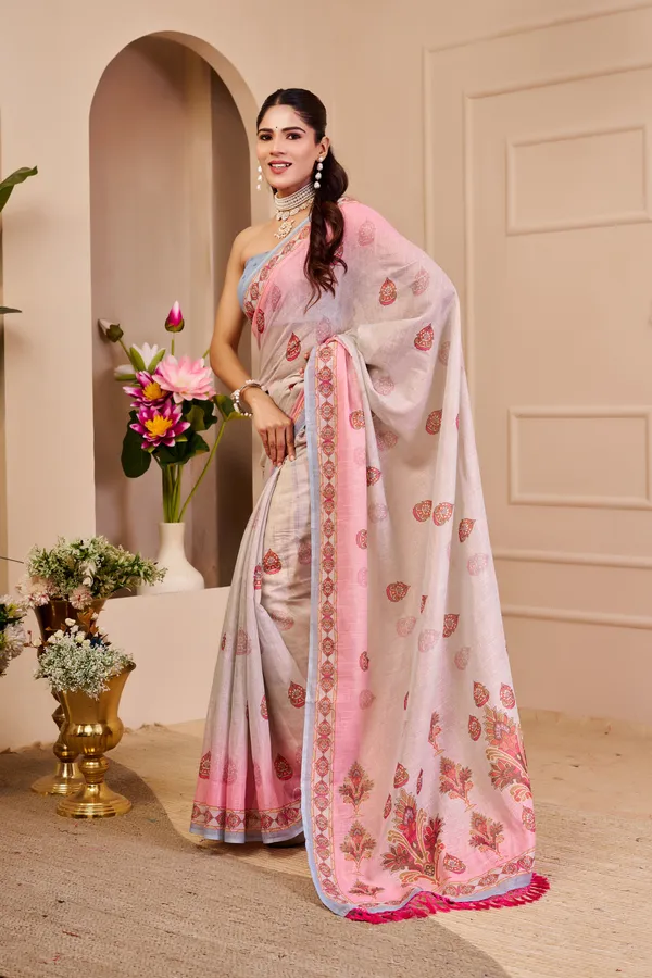 Pink Tissue Cotton Saree With Floral Print - Varnavi