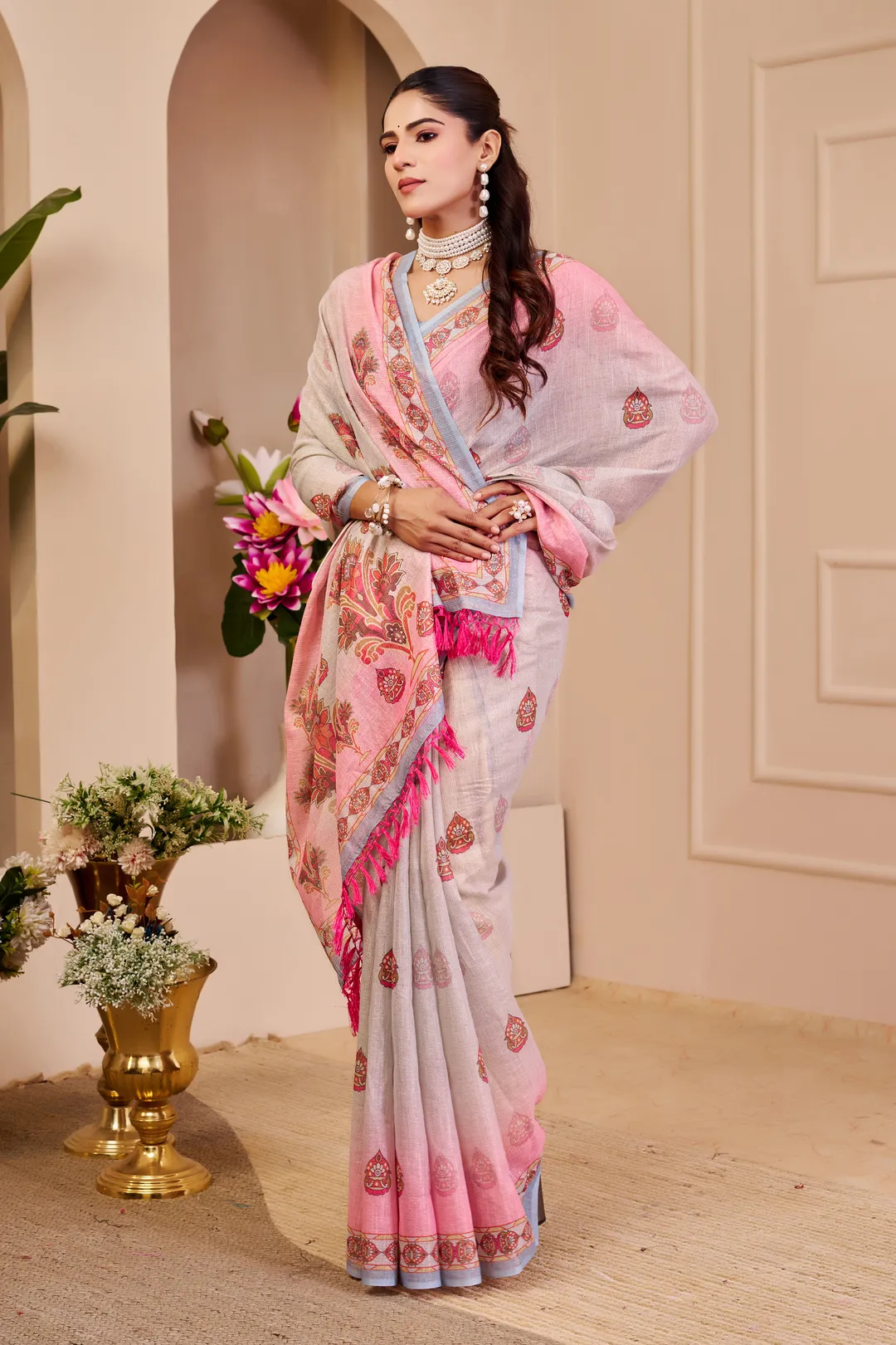 Pink Tissue Cotton Saree With Floral Print - Varnavi