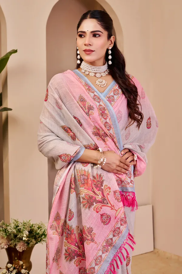 Pink Tissue Cotton Saree With Floral Print - Varnavi