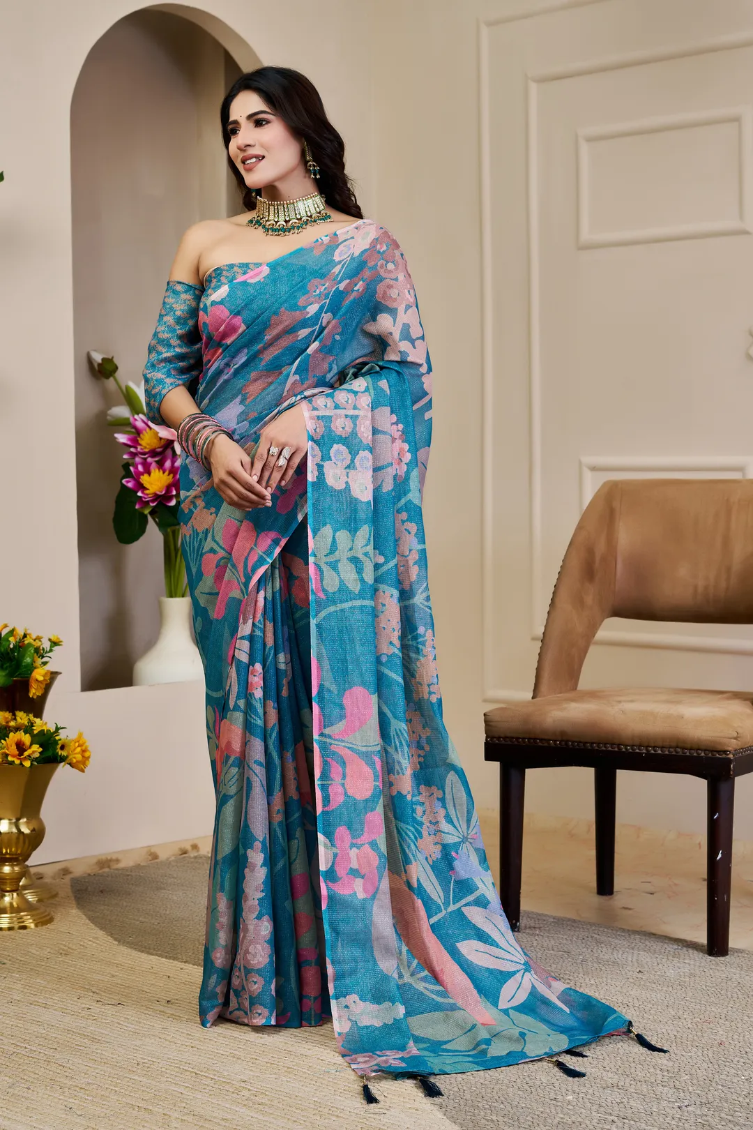 Teal Tissue Cotton Saree With Floral Print - Varnavi