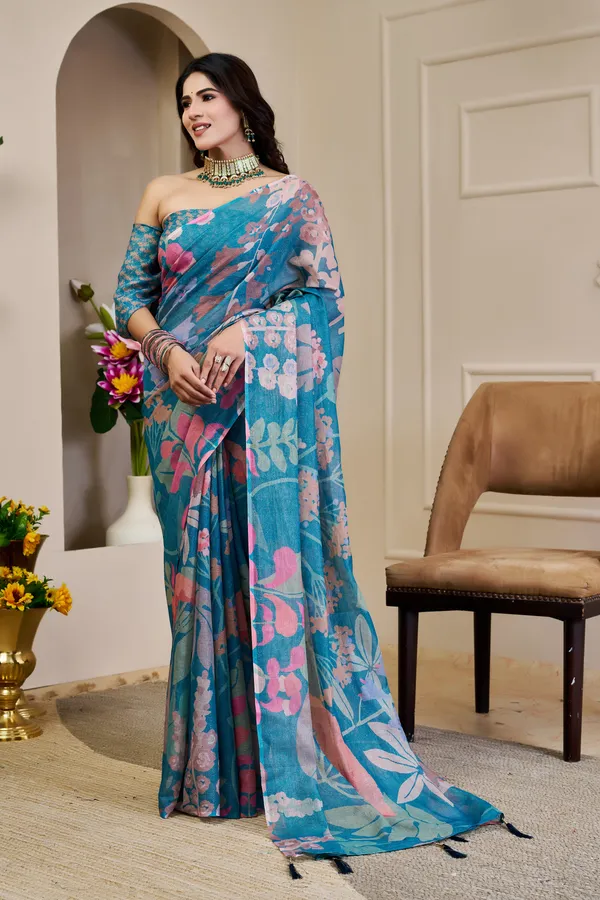 Teal Tissue Cotton Saree With Floral Print - Varnavi