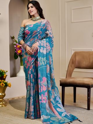 Teal Tissue Cotton Saree With Floral Print - Varnavi