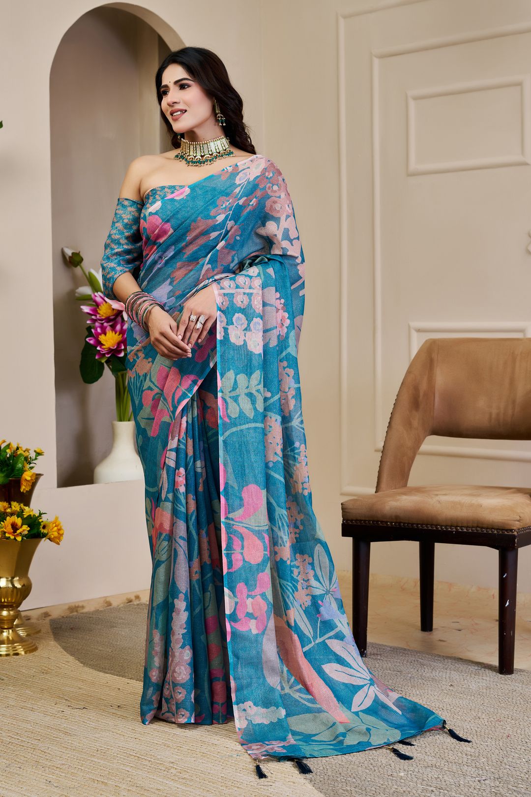 Teal Tissue Cotton Saree With Floral Print - Varnavi