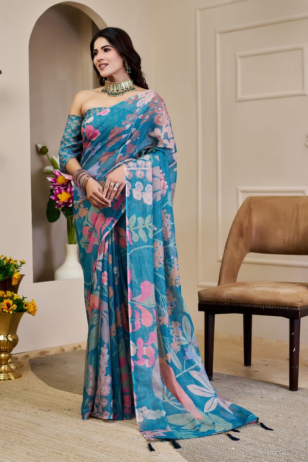 Teal Tissue Cotton Saree With Floral Print - Varnavi