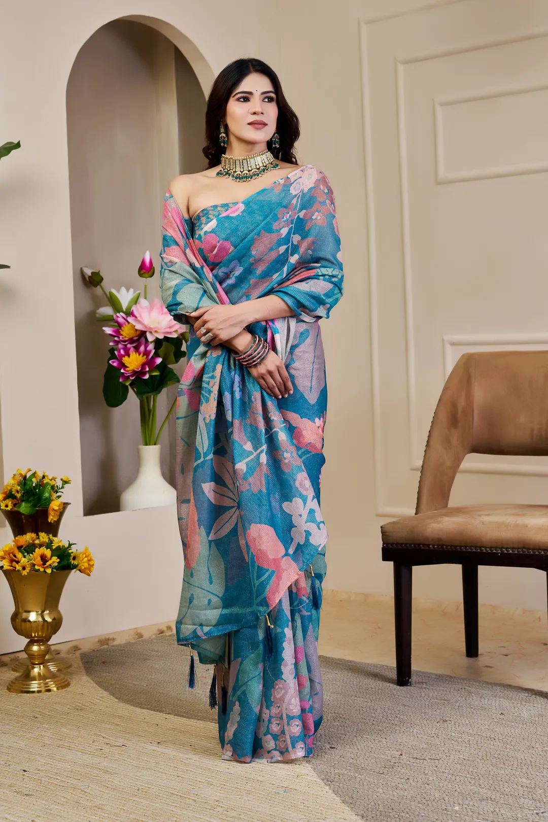 Teal Tissue Cotton Saree With Floral Print - Varnavi