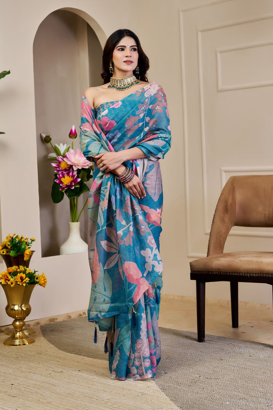 Teal Tissue Cotton Saree With Floral Print - Varnavi
