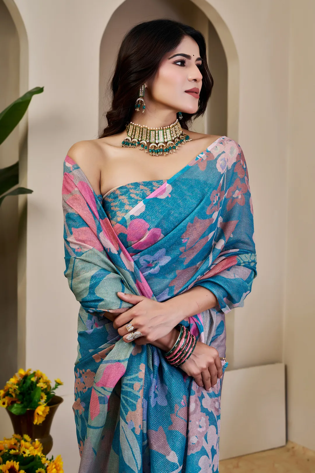 Teal Tissue Cotton Saree With Floral Print - Varnavi