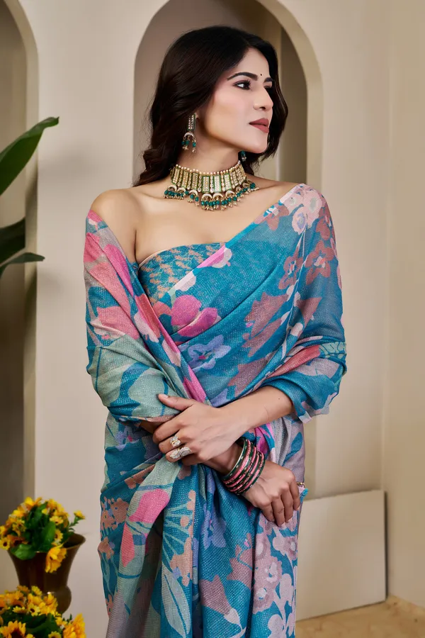Teal Tissue Cotton Saree With Floral Print - Varnavi