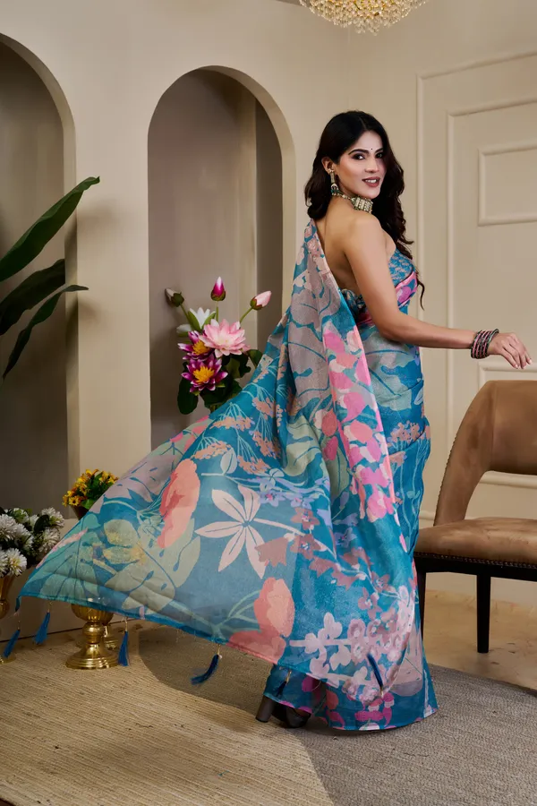 Teal Tissue Cotton Saree With Floral Print - Varnavi